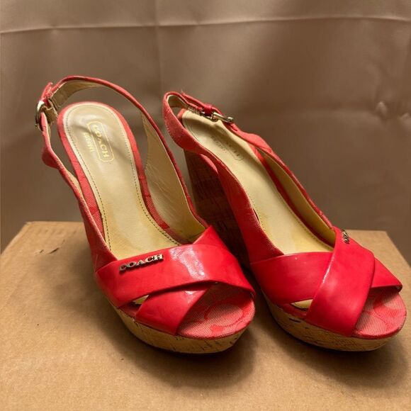 Coach Coral Orange Peep Toe Slingback Wedge Sandals 6.5 Cork Patent leather Logo - Picture 2 of 14